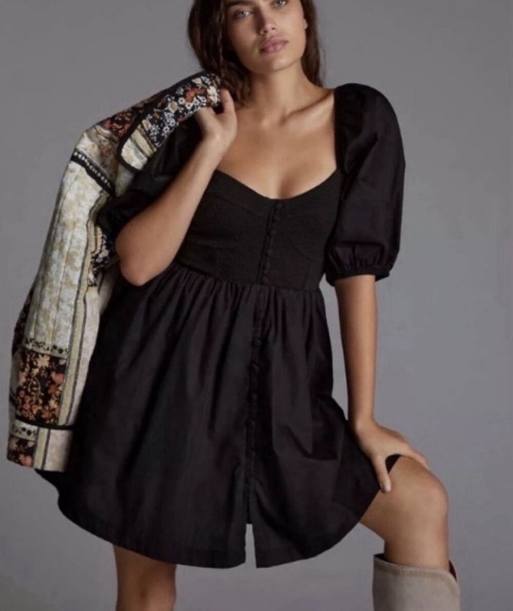Anthropologie Maeve Womens Small Black Puff Sleeve Mini Dress Button Front T22